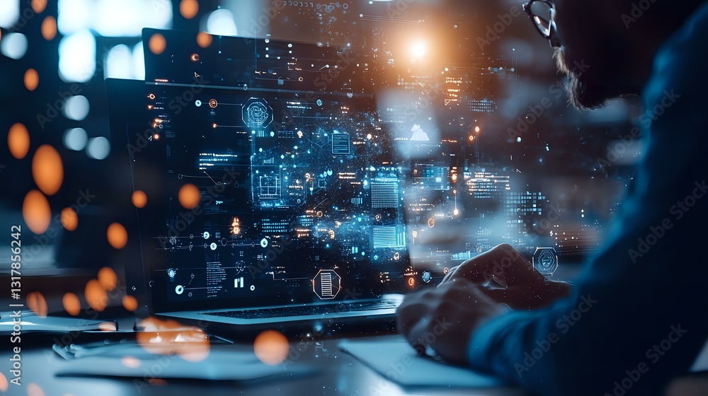 Poster professional working on laptop with futuristic holographic interface displaying data analytics, digi