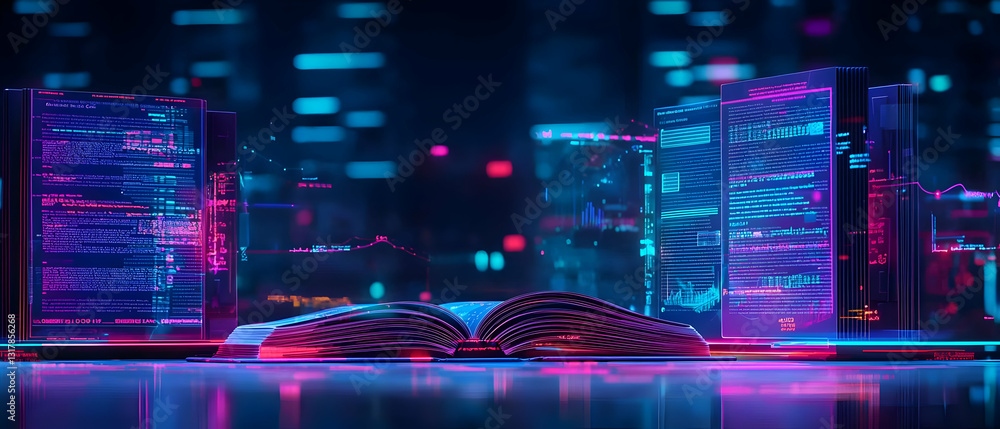 Poster futuristic cityscape with glowing data streams and digital code in pink and blue neon lights with a 