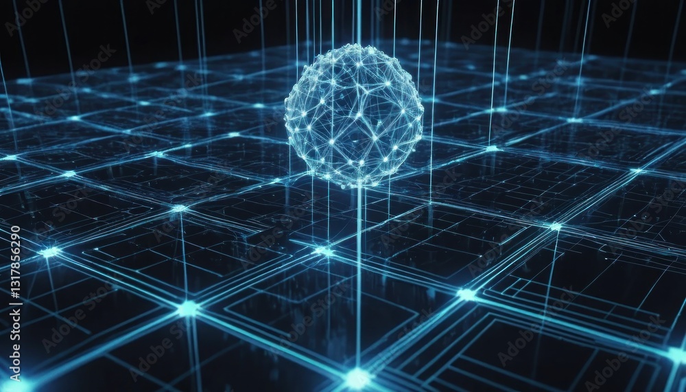 Poster glowing plexus sphere on a futuristic interconnected grid background