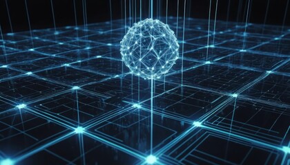 Obraz premium Glowing plexus sphere on a futuristic interconnected grid background