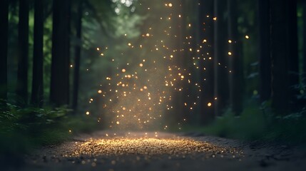 Fototapeta premium Magical forest path illuminated by glowing particles floating in dark misty woods, creating ethereal atmosphere on dirt trail between tall trees at dusk.