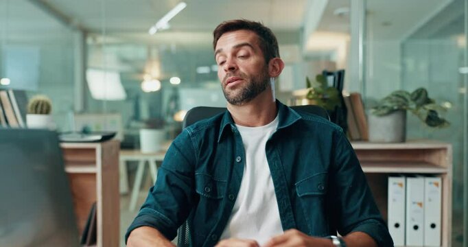 Stress, tired and man with laptop, burnout and technology for finance, bookkeeping or report deadline. Exhausted, budget and auditor frustrated with fatigue for company, accounting and online project