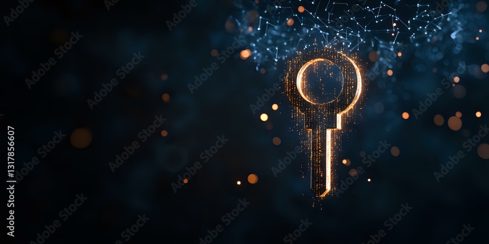 Poster digital key silhouette with glowing particles and network connections on dark blue background, repre
