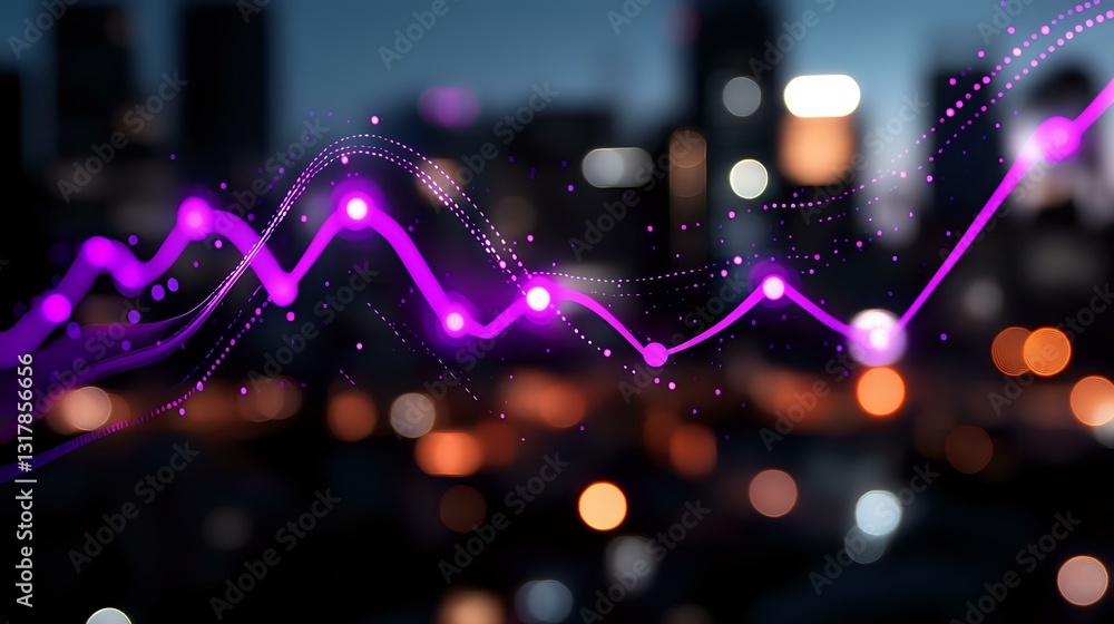 Poster glowing purple wave lines with sparkles and particles flow over blurred city night lights background