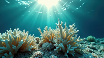 Obraz premium Close-up of bleached coral reef underwater with sunlight shining through ocean 
