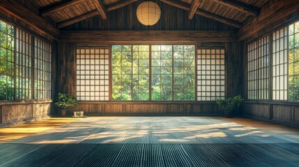 Fototapeta premium Tranquil Zen Room with Natural Light and Lush Greenery in Background