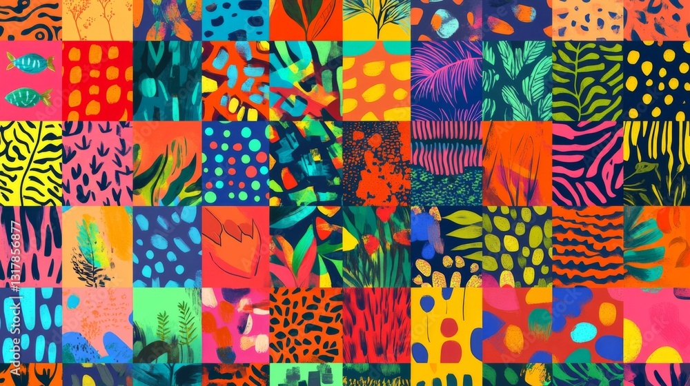 Poster bright and playful seamless pattern collection with colorful doodles and basic shapes