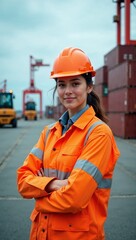 A Multiracial female worker wearing a hard hat and safety vest poses at a busy shipping dock with containers and machinery in the background under gray skies