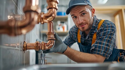 Skilled Plumber Working on Copper Pipes in Modern Kitchen Environment