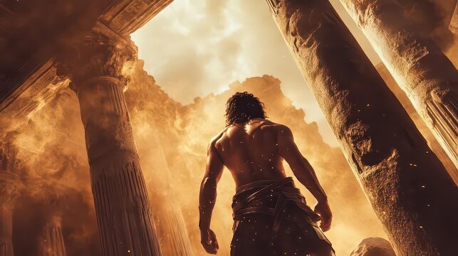 Epic Biblical Drama of Samson Shattering Temple Pillars in a Powerful Display of Strength and Divine Retribution Amid Timeless Ruins