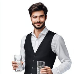 a handsome young man wearing vest and shirt holding a glass of water while standing against white background , Generative art.