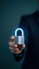 A business professional holds a glowing digital padlock, emphasizing innovation in security technology during a nighttime setting