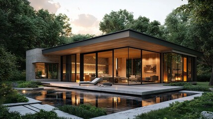 Fototapeta premium Modern Glass House Surrounded by Greenery and Tranquil Water Features