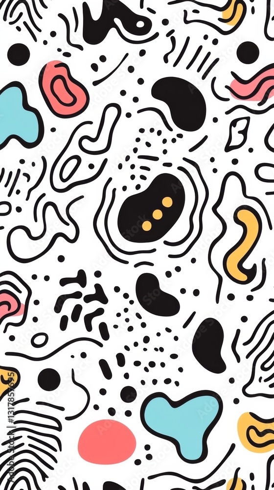 Poster playful seamless doodle pattern with abstract squiggle lines and basic shapes