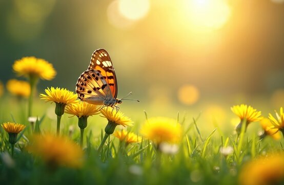 Fototapeta Closeup of butterfly on yellow dandelions in meadow, field. Spring nature scenery. Sunny summer warmth. Floral meadow with bokeh, copyspace for ecology, environmental themes. Generative AI photo.