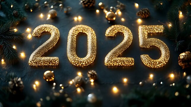 A shiny gold glittering numeral year displays the approaching future