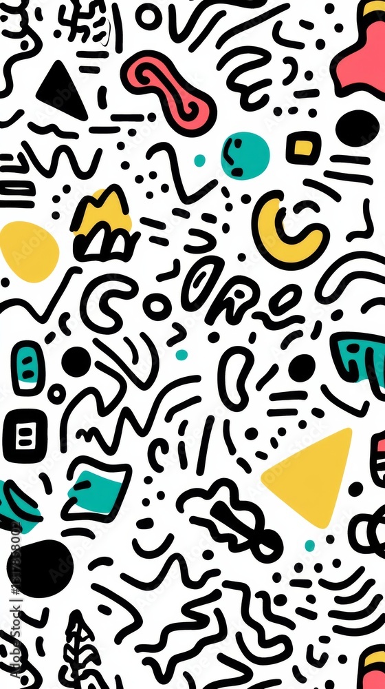 Poster playful seamless doodle pattern with abstract squiggle lines and basic shapes