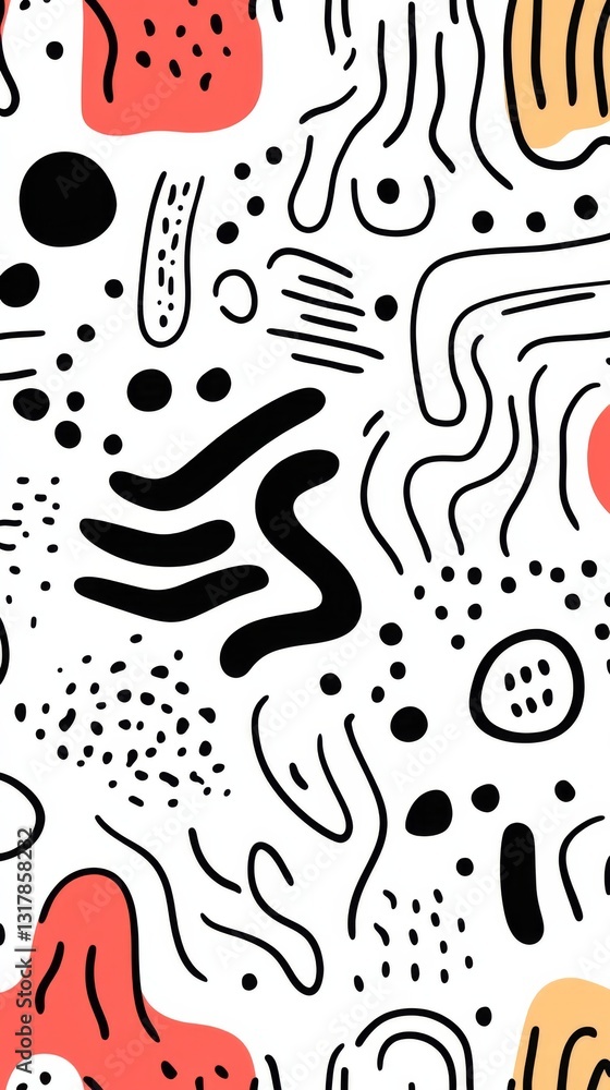 Poster playful seamless doodle pattern with abstract squiggle lines and basic shapes