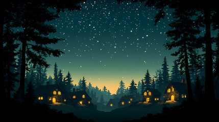 Fototapeta premium Peaceful night in the forest with illuminated houses