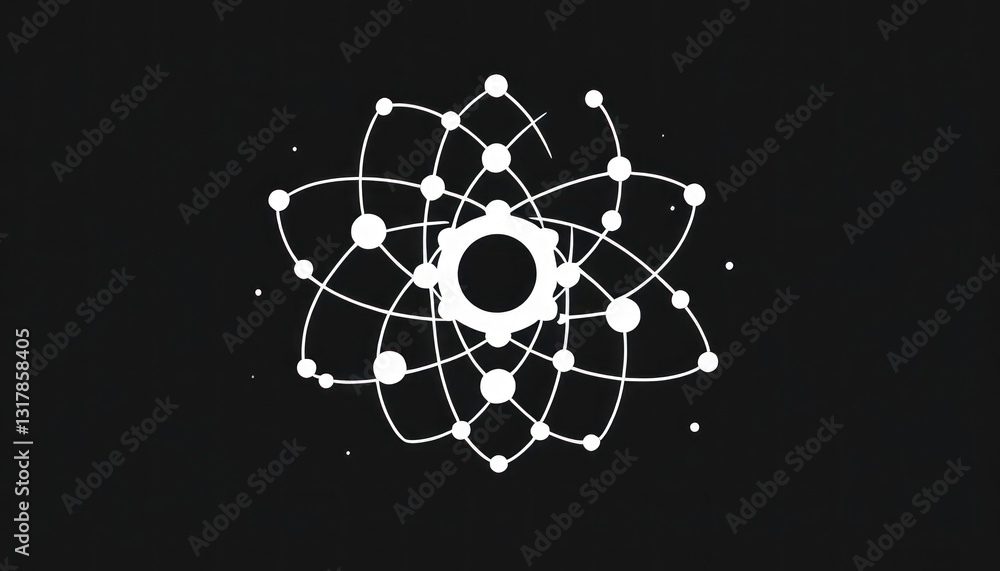 Poster intricate atomic structure design with orbiting elements on dark backdrop