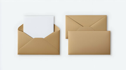 Blank White Card Inside Open Golden Brown Envelope With Two Closed Envelopes On White Background 3D Render