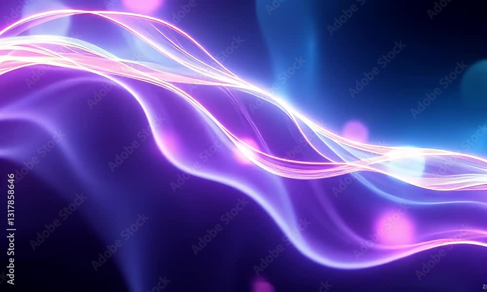 Poster abstract wavy light forms with blue and purple hues flowing in a dynamic motion design with glowing 