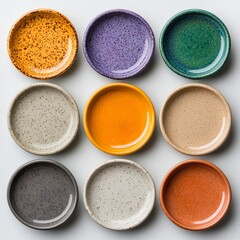 Nine Speckled Ceramic Dishes in Earthy Tones on Gray Background