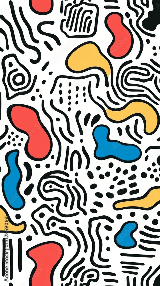 Poster playful seamless doodle pattern with abstract squiggle lines and basic shapes