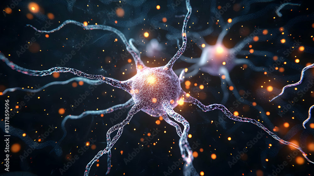 Poster complex neural network with glowing orange synapses firing across dark background 3d illustration