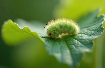 Macro close-up of fluffy lime green on geranium leaf. Pests eating leaves in garden. Affected leaves spots. Insect larvae, hairy worm damage flora, eats foliage.