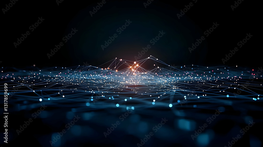 Poster abstract digital network illustration with blue and white glowing dots over dark background showing 