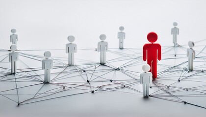 a network of interconnected human figures, with one figure standing out in red, symbolizing leadership and connection