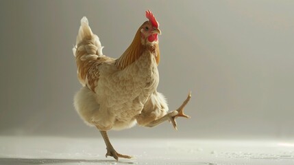 A dancing chicken with its wings raised and one leg lifted, frozen mid-motion on a smooth white surface. 
