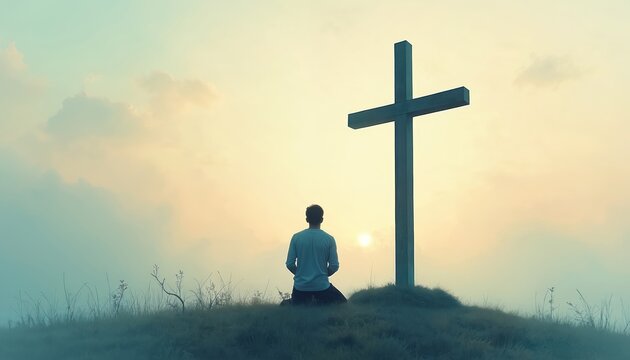 Man kneeling prayer before cross. Serene scene with religious symbol in ethereal light. Spiritual worship, faith, devotion, hope, peace, Christianity, forgiveness. Person surrenders to God on hill.