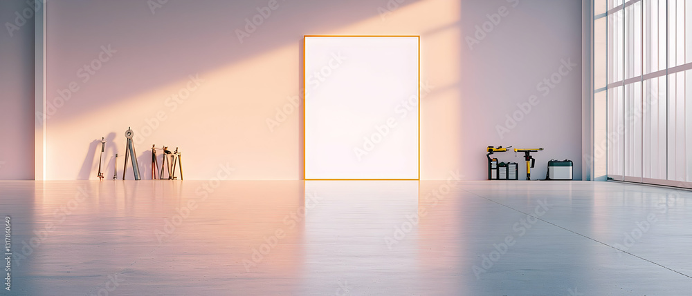 Poster a large blank white canvas with a gold frame in a minimalist gallery space with concrete floors and 