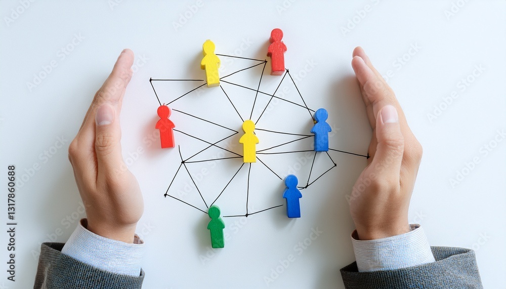 Poster a network of connected figures represents teamwork and communication protected by hands