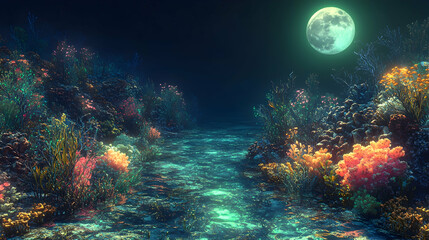 Fototapeta premium Sublime coral reef at night under a luminous moon. A vibrant underwater scene with colorful corals and flowing water