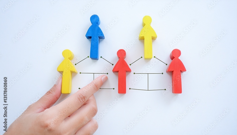 Poster a hand pointing at a network of colorful wooden figures symbolizing a business structure