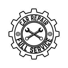 Logo for repair workshop. Emblem mechanics. Tools mechanics - open-end wrench, adjustable wrench. Hand with  a spanner. Logo workshop in the old school style.