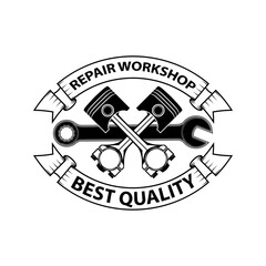 Logo for repair workshop. Emblem mechanics. Tools mechanics - open-end wrench, adjustable wrench. Hand with  a spanner. Logo workshop in the old school style.