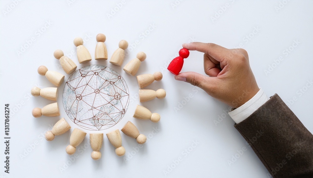 Poster a person's hand holding a red figure with a world map in the background, symbolizes concepts of isol