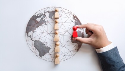 a concept of global influence, depicting a hand strategically positioning a red figure on a world map, emphasizing leadership and expansion