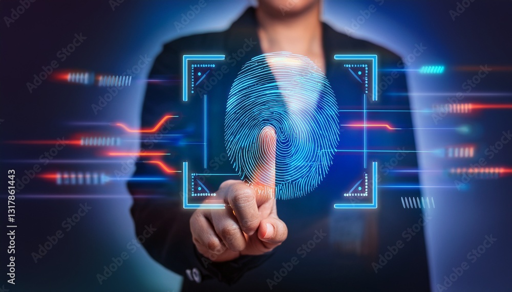 Poster a person touching fingerprint futuristic screen. highlighting the concepts of security and identific