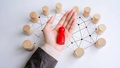 Obraz premium a person figurine in a hand surrounded by other wooden figures connected by a network diagram