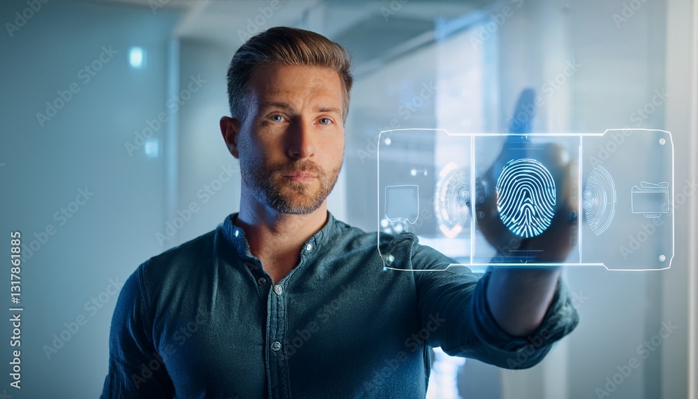 Poster a man standing in front of a large digital screen, interacting with a glowing brain graphic. he look
