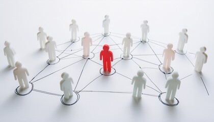 a network of interconnected figurines, one stands out in red, symbolizing leadership and influence