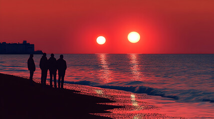 Silhouette of people watching a double sunrise over the ocean