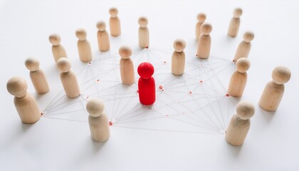 a red wooden figurine surrounded by a network of white figures, symbolic of leadership and influence. The image showcases the power of connection and the role of a leader in guiding others.