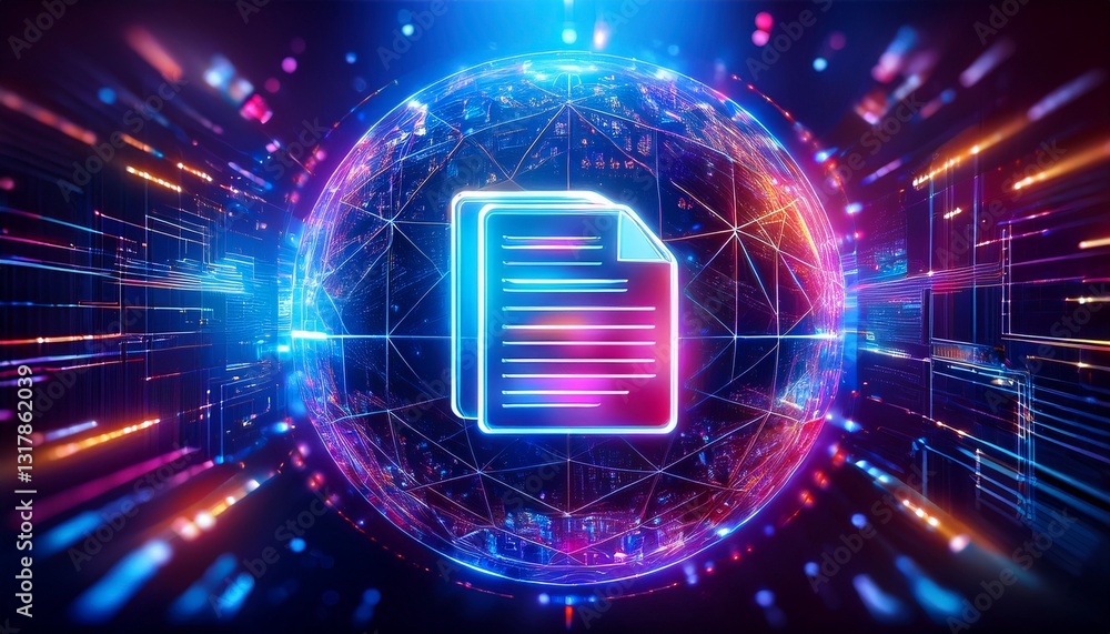 Poster a digital document icon representing data storage and information processing, set against a vibrant,
