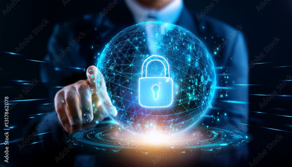 Poster a person is touching a glowing digital sphere with a padlock, symbolizing online security and data p